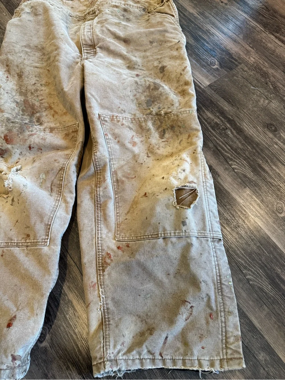 Vintage Carhartt Double Knee Thrashed Bib Overalls Mens 44x30 Tan Distressed